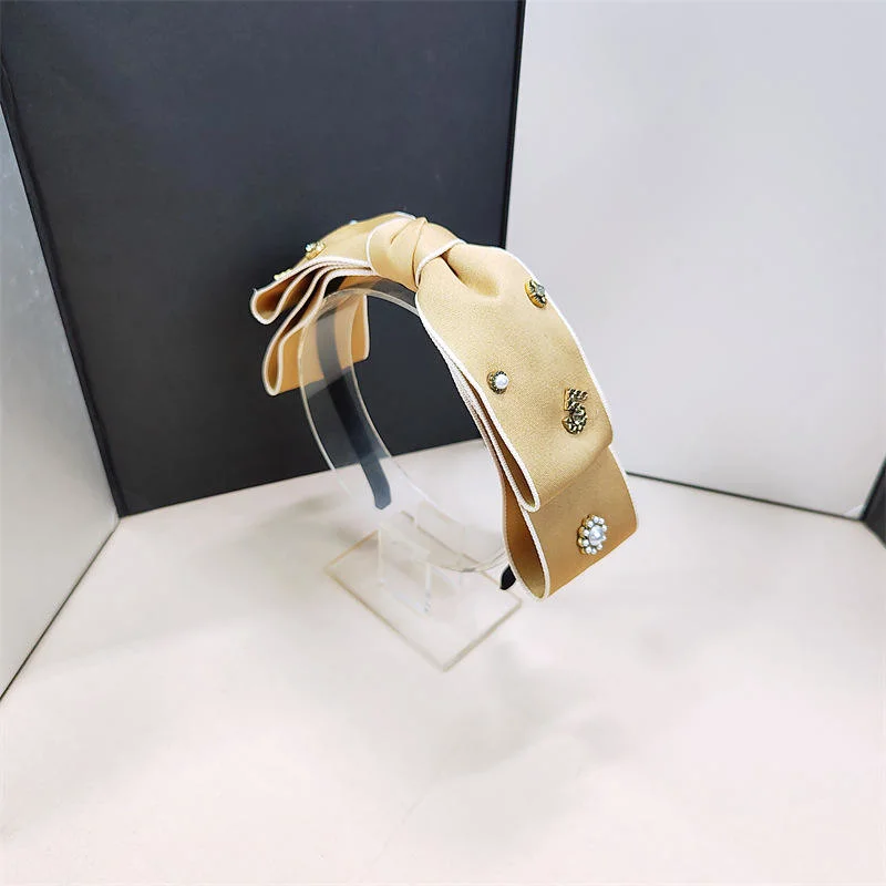 Popular Luxury Designer Bow Headband Camel Fabric Pearl Double-Deck Bowknot Hairbands