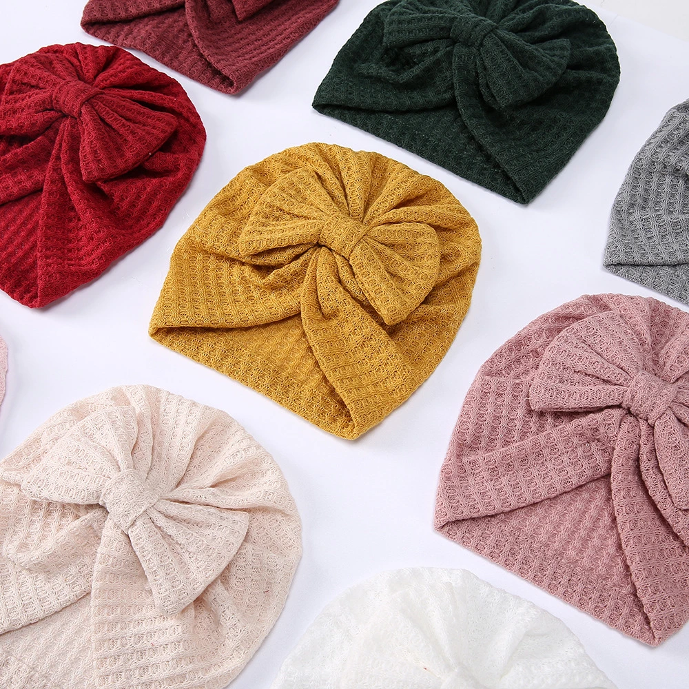 New Children&prime;s Waffle Wool Hat Bow Indian Pullover Hat Headband for Baby