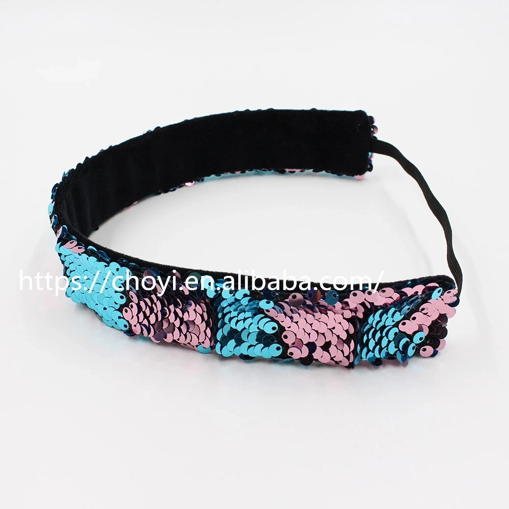 Mermaid Reversible Sequin Headbands for Girls Women Flip Sequins Wide Headband Set with Elastic Cord Hair Accessory