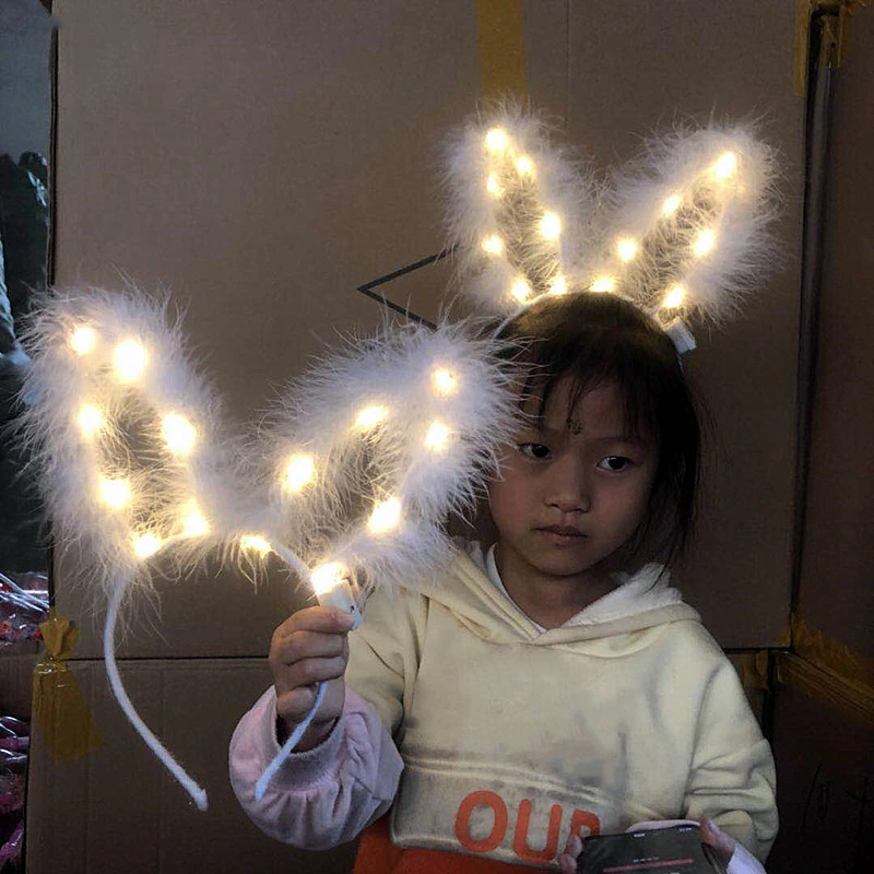 Glowing Feathered Rabbit Ears Glowing Plush Gold Wire Cat Ear Headband