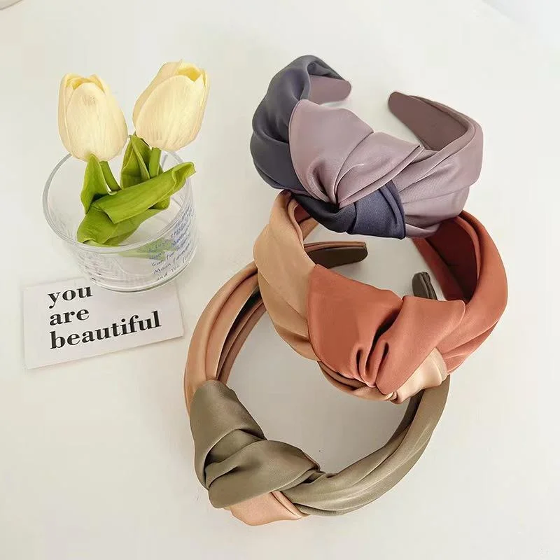 European American New Fashion Velvet Cotton Silk Fabric Hair Accessories Women Wide Edge Knot Custom Headband Satin Hair Band