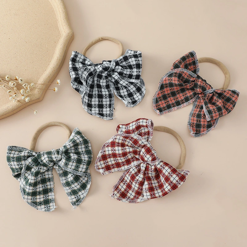 Wholesale Baby Bow Narrow Headband Girl&prime;s Gingham Fabric Bow Headband for Baby