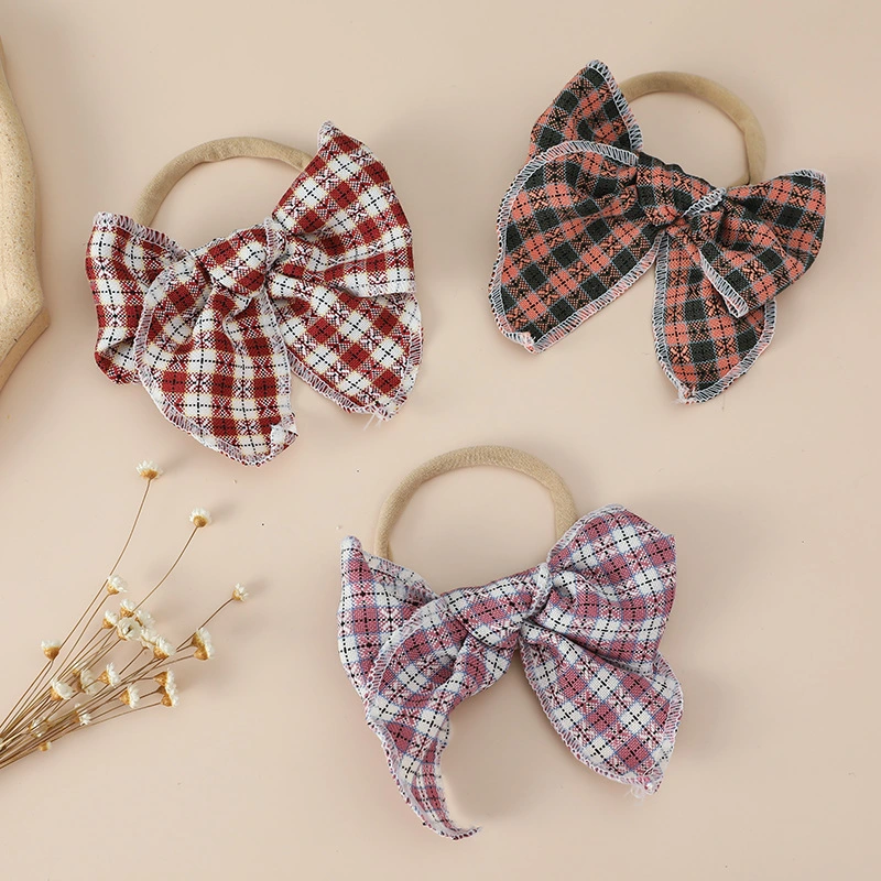 Wholesale Baby Bow Narrow Headband Girl&prime;s Gingham Fabric Bow Headband for Baby