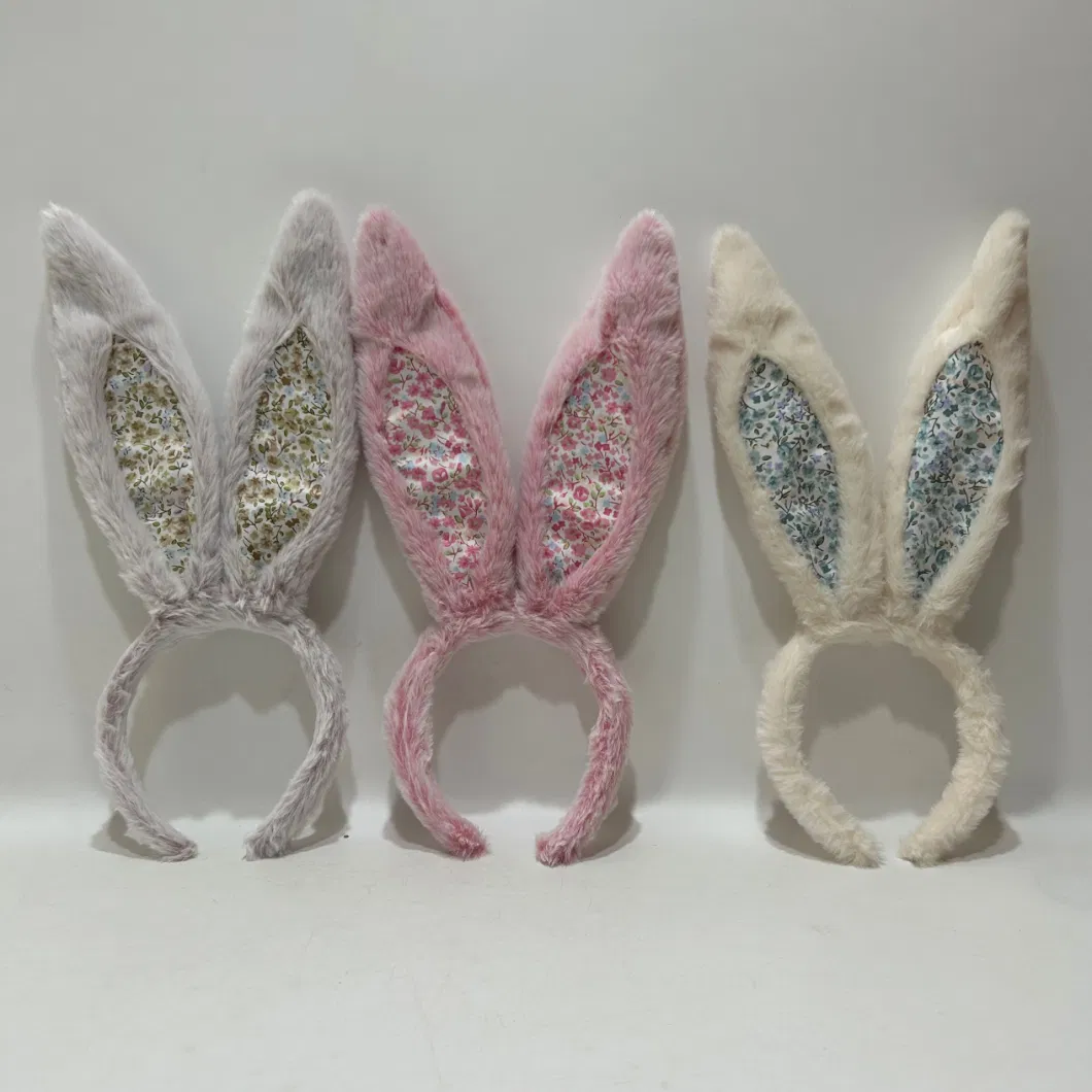 3 Clrs Plush Headband with Rabbit Fur with Bunny Ears for Easter Decor