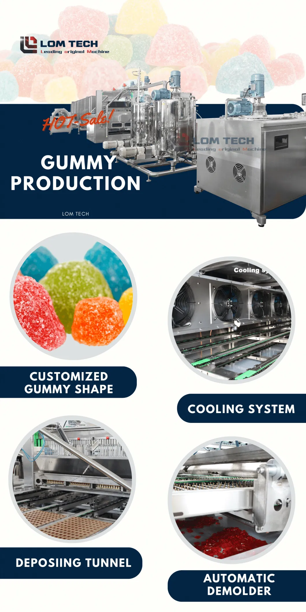 Lom Fully Automatic Gummy Making Machine Commercial Gelatin Pectin Jelly Soft Candy Depositor Bear Sleepy Gummy Production Line