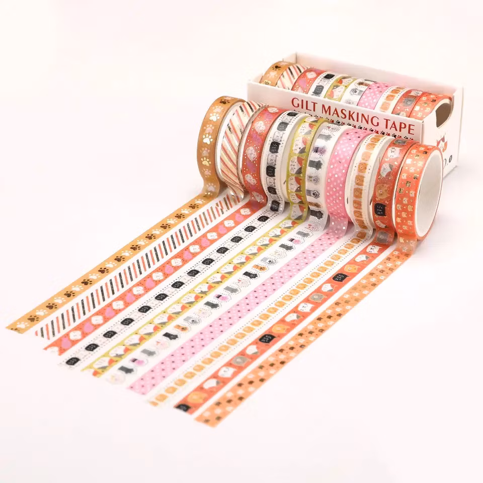 Custom High Quality Gold Hot Stamping Printing Washi Tape, Varnished DIY Masking Foil Paper Decoration Scrapbook Sticker