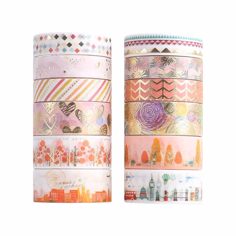 Custom High Quality Gold Hot Stamping Printing Washi Tape, Varnished DIY Masking Foil Paper Decoration Scrapbook Sticker