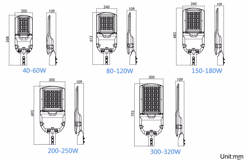 Outdoor Super Bright 170lm/W 30W 40W 50W 60W Cobra Head LED Street Lighting with Aluminum Heat Sink and Tempered Glass Top