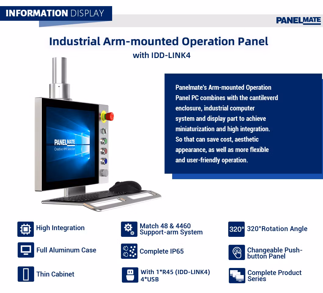 15 Inch Arm-Mounted LCD Capacitive HMI Touch Panel Industrial Display Idd-Link4 Port IP65 Cantilever Kvm Monitor