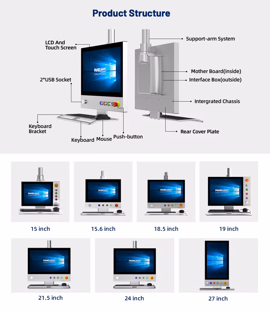 15 Inch Arm-Mounted LCD Capacitive HMI Touch Panel Industrial Display Idd-Link4 Port IP65 Cantilever Kvm Monitor