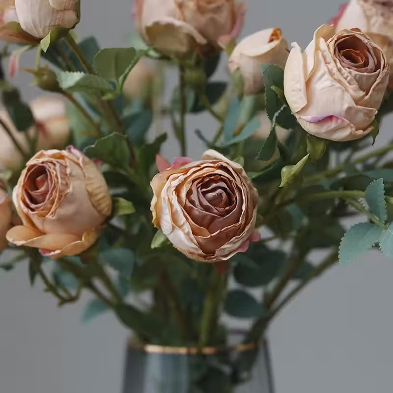 Handmade Wedding Decor Plastic Single 5 Heads Artificial Burnt Edge Rose Flower Vintage Dry Withered Scorched Roses