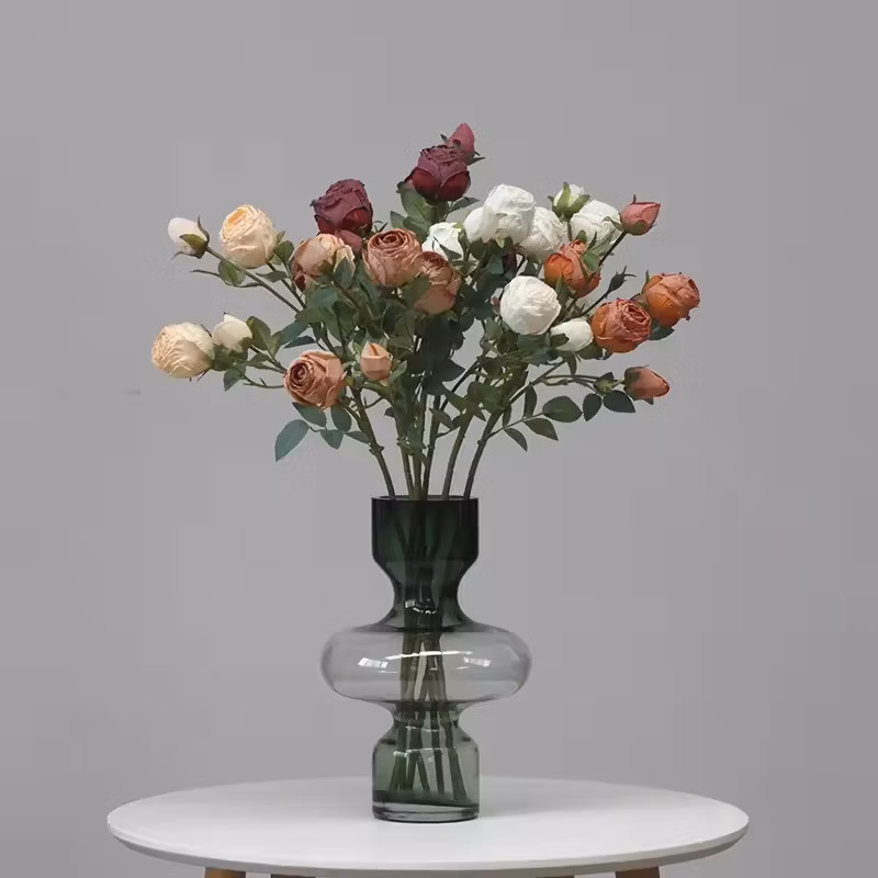 Handmade Wedding Decor Plastic Single 5 Heads Artificial Burnt Edge Rose Flower Vintage Dry Withered Scorched Roses