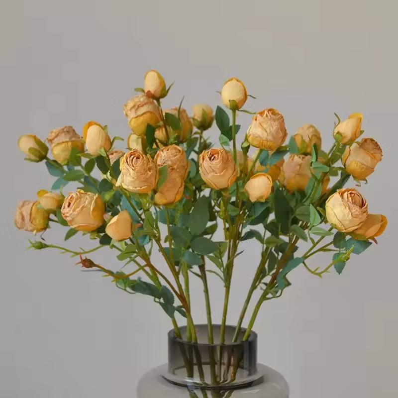 Handmade Wedding Decor Plastic Single 5 Heads Artificial Burnt Edge Rose Flower Vintage Dry Withered Scorched Roses