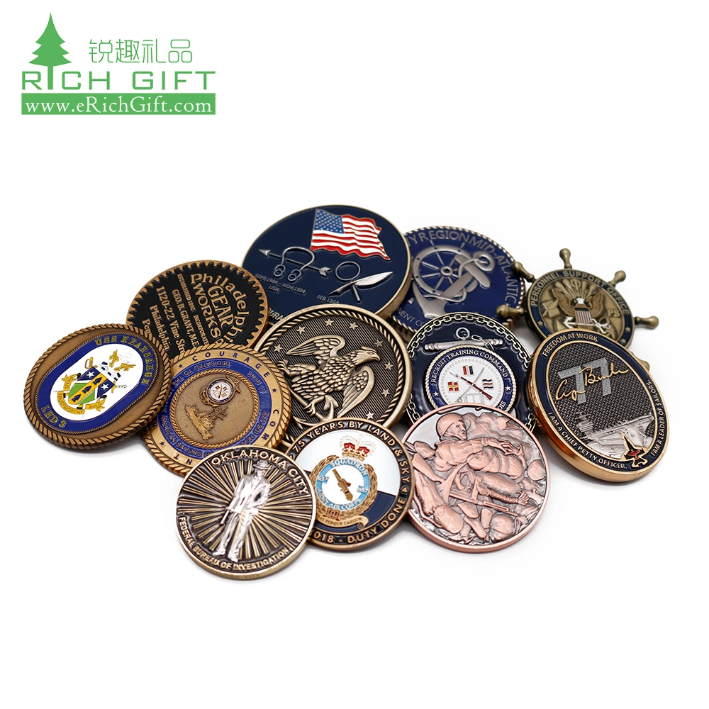 Single Custom Made 3D Logo Printed Novelty Gold Plated Souvenir Metal Medal Mint Antique Brass Copper Engraved Silver Stamping Spinner Challenge Coin No Minimum