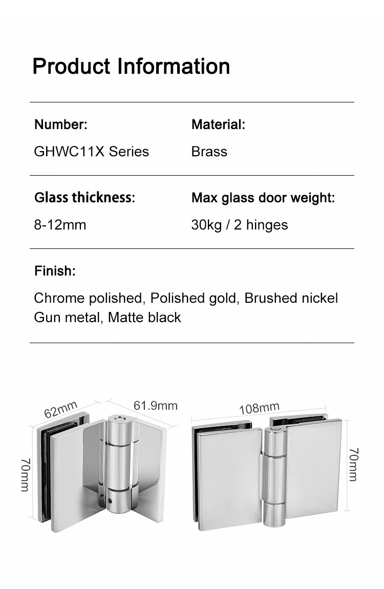 Brass Frameless Shower Room Glass Door Hinges for 8-12mm Glass Bifold Shower Hinge with Cover Caps