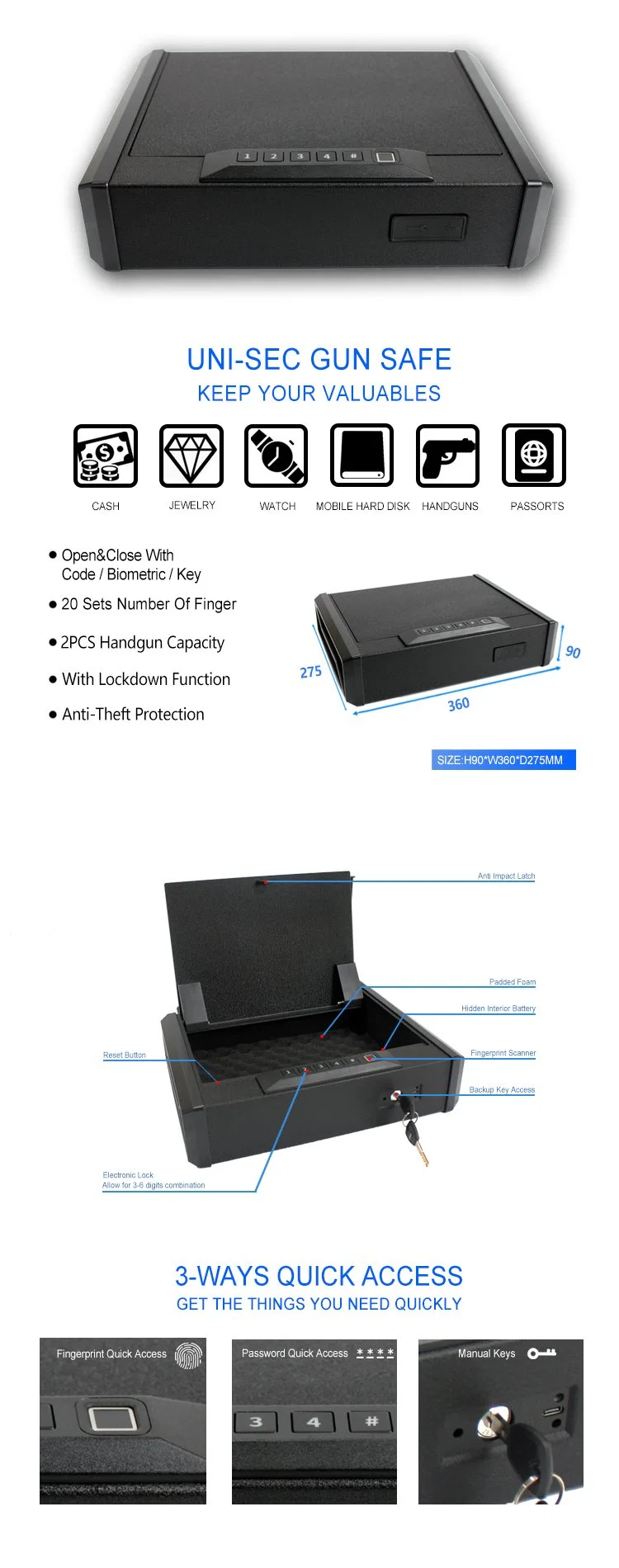 Uni-Sec Portable Small Treadlock Digital Gun Pistol Handgun Firearm Fingerprint Biometric Safe Box Hidden Security Box for Weapon Locker Cabinet Wholesale