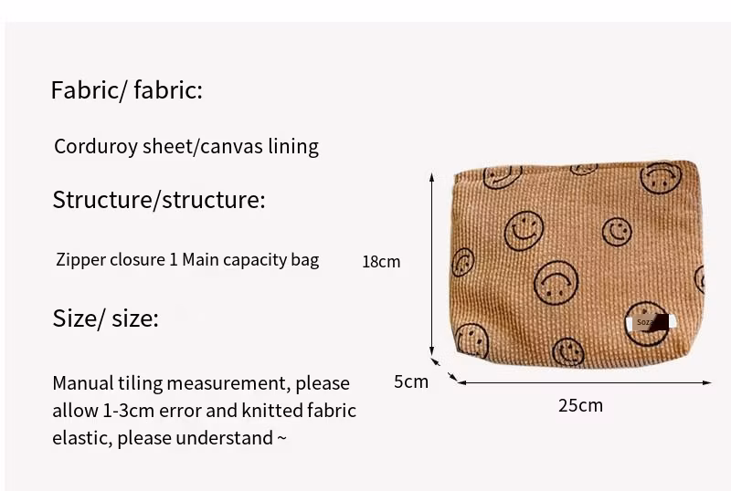 Corduroy Makeup Bag Smiley Face Organizer Wash Hold Bag Key Mobile Phone Purse Pen Pouch