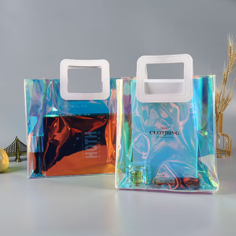 Custom Logo Wholesale Waterproof PVC Clear Plastic Tote Bag Clear PVC Shopping Bag with Die Cut Handle