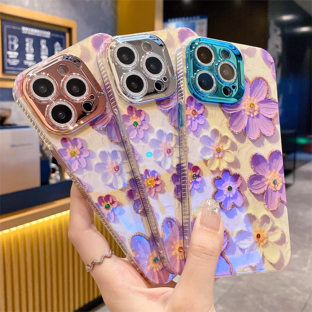Blue Rhinestone Oil Painting Purple Flower Phone Case for iPhone15 14 13 12 11promax with Anti-Fall Protective