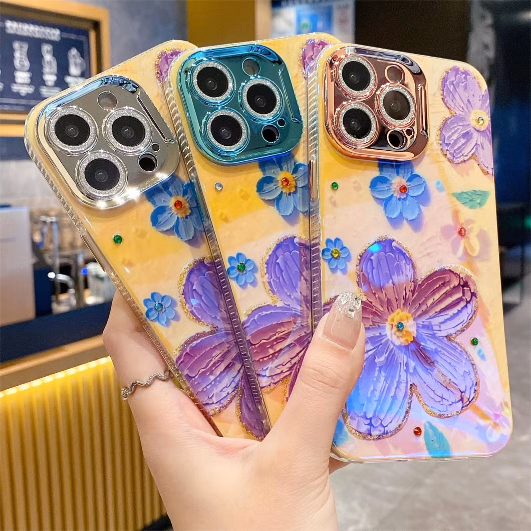Advanced Flash Oil Painting Flower Phone Case with All-Inclusive Fall Protection Case for iPhone 15 14 13 12 11promax