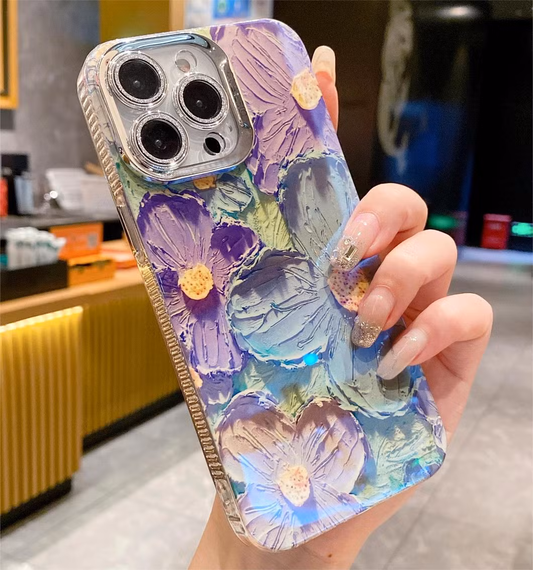 Oil Painting Purple Blue Flower Full Anti-Drop Protective Phone Case for iPhone15 14 13 12 11promax