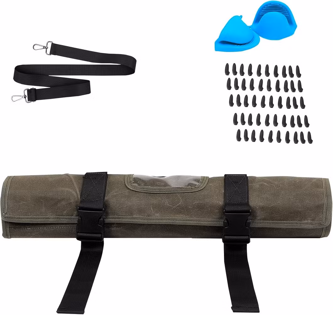 Waxed Canvas Knife Roll Bag Green Knife Wrap Portable Knife Roll Waterproof Pocket Knife Carrier Durable 16oz Knife Case with Adjustable Shoulder