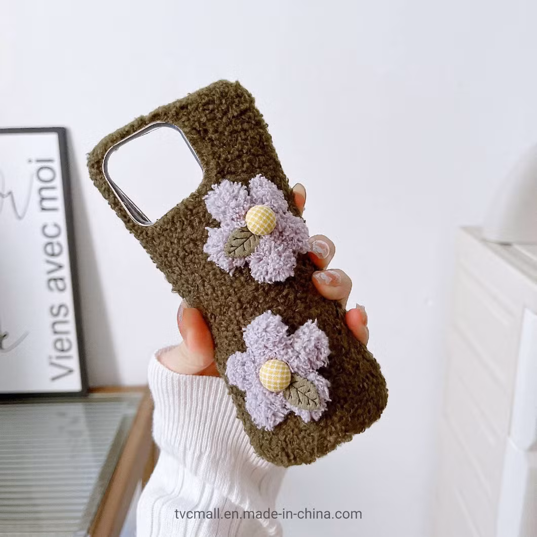 for iPhone 14 PRO Max Flower Decor Plush + TPU Soft Case Anti-Drop Protective Phone Cover - Brown