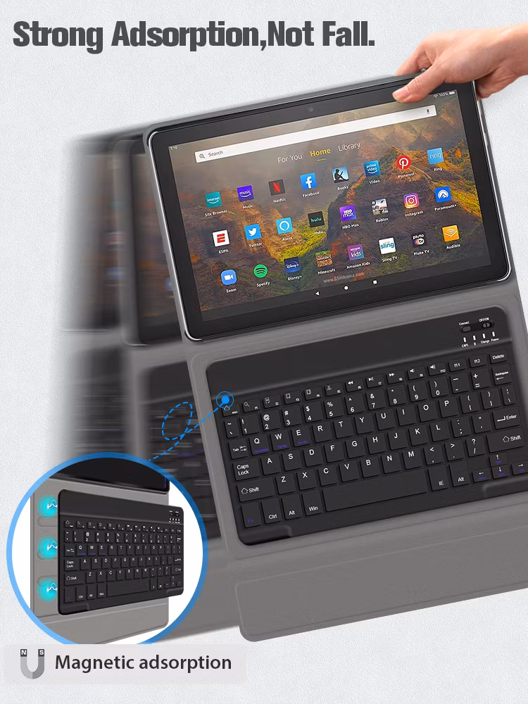 Wireless Keyboard Case for Amazon Kindle Fire HD 10 Plus 2021 Tablet Leather Cover Case