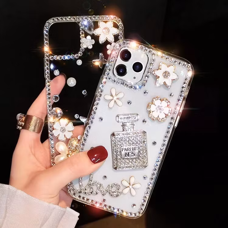 Perfume Bottle Apple 14PRO Rhinestone Flower 11 Transparent Soft Case IP 15/13 Mobile Phone Case