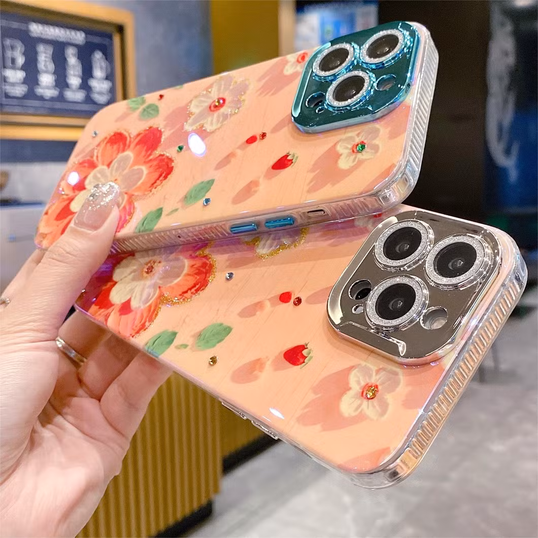 High-End Luxury Blue Rhinestone Flower Mobile Phone Case for iPhone15 14 13 12 11promax with All-Inclusive Lens