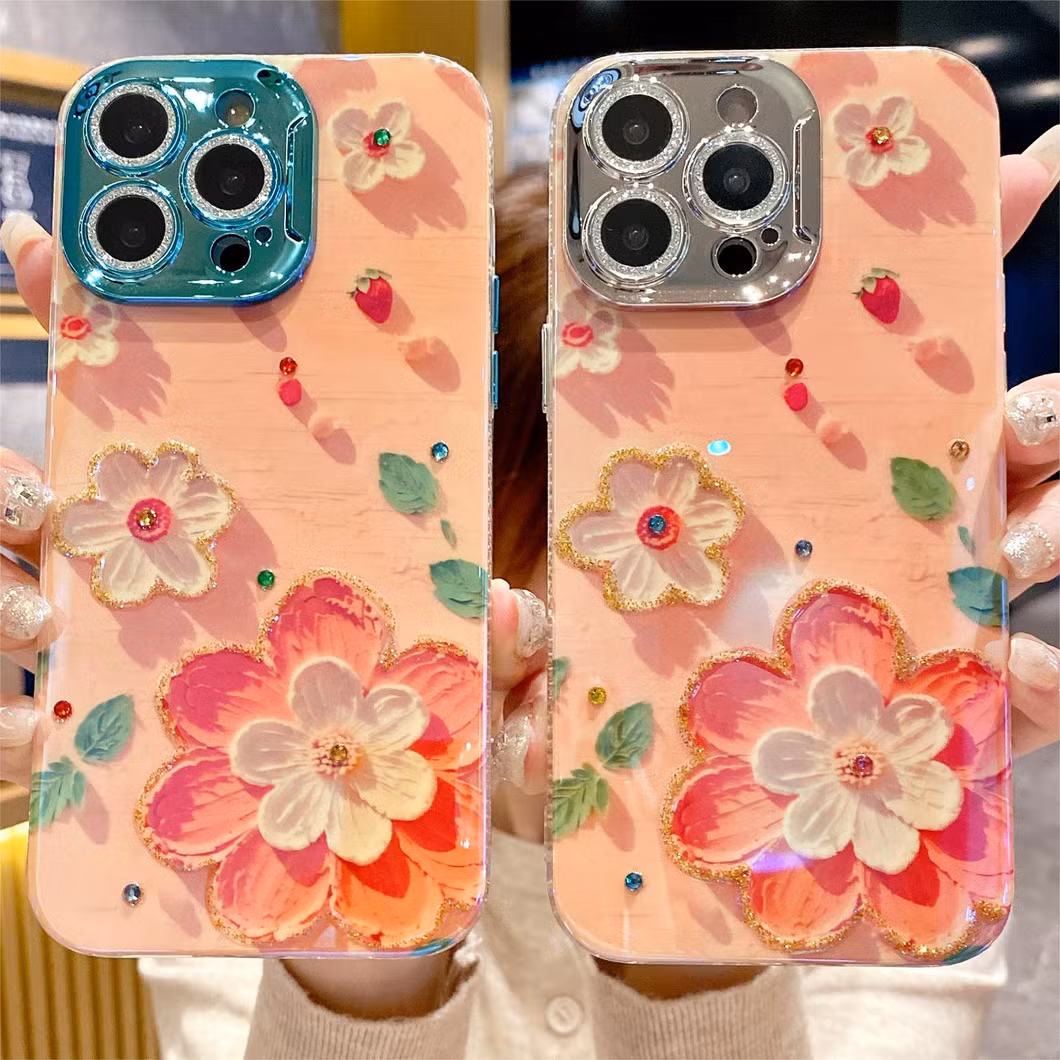 High-End Luxury Blue Rhinestone Flower Mobile Phone Case for iPhone15 14 13 12 11promax with All-Inclusive Lens