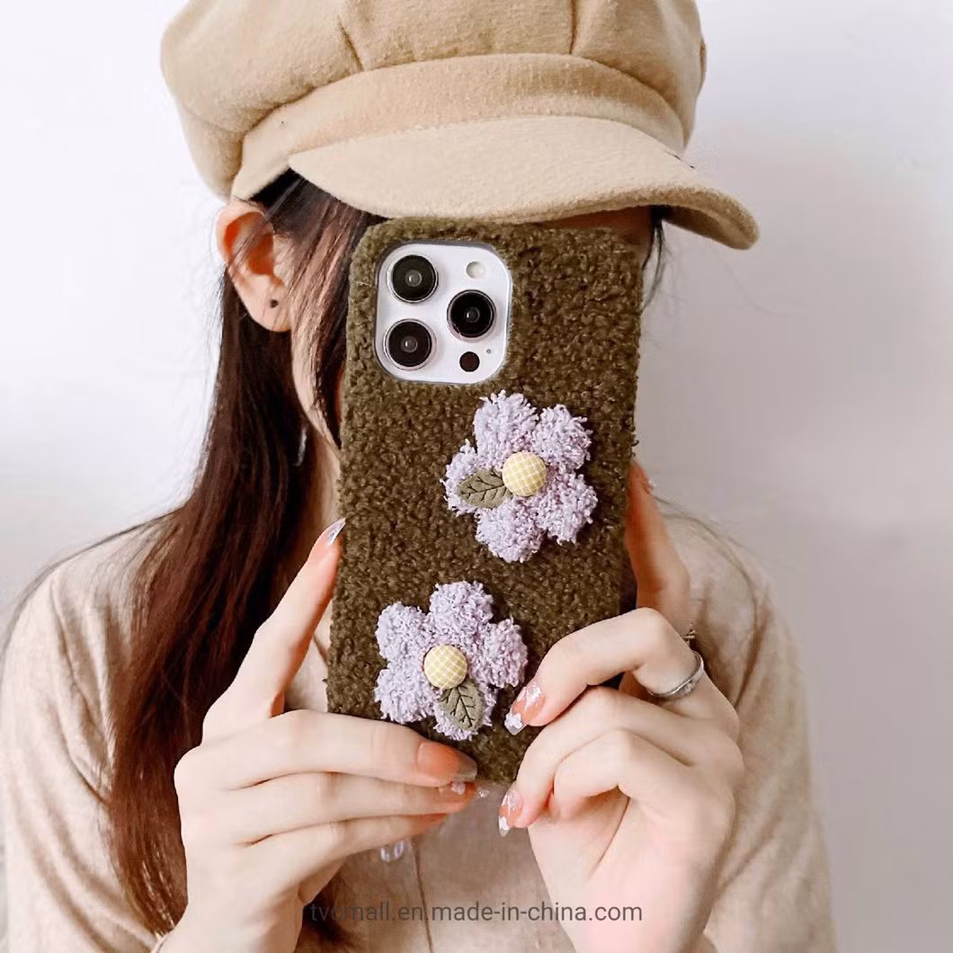 for iPhone 14 PRO Max Flower Decor Plush + TPU Soft Case Anti-Drop Protective Phone Cover - Brown