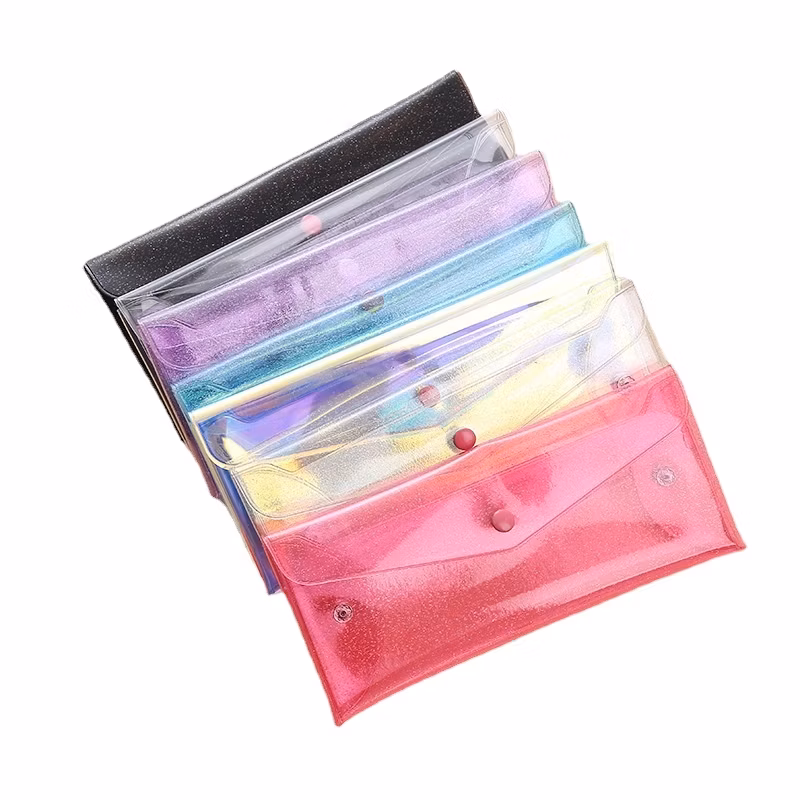 Creative Style Casual Laser Transparent Leather Pencil Case Portable Foldable Snap Button Stationery Storage Bag