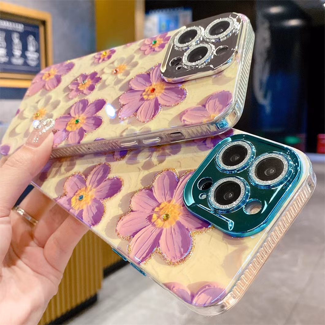 Blue Rhinestone Oil Painting Purple Flower Phone Case for iPhone15 14 13 12 11promax with Anti-Fall Protective