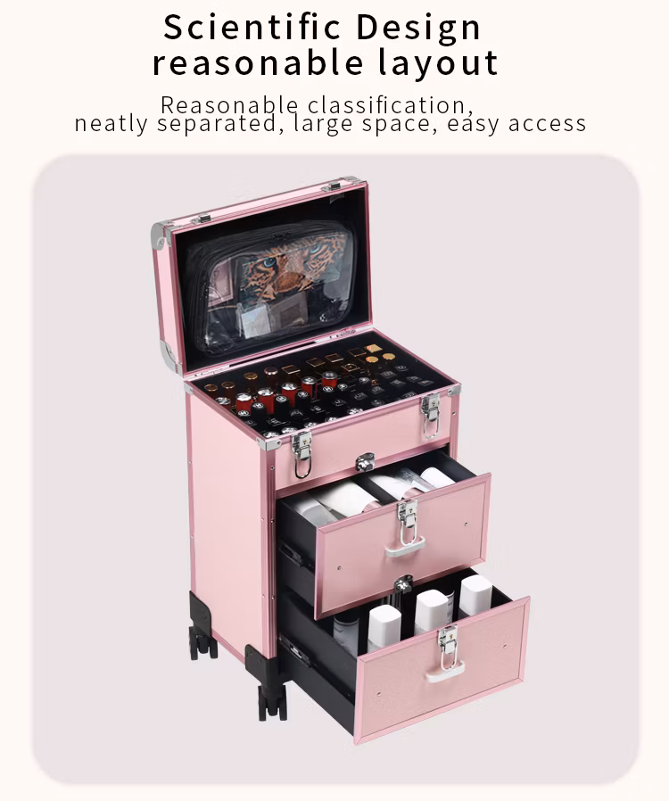 Factory Direct Commercial Elegant Lattice Structure Makeup Trolley Case with Smooth Universal Wheel