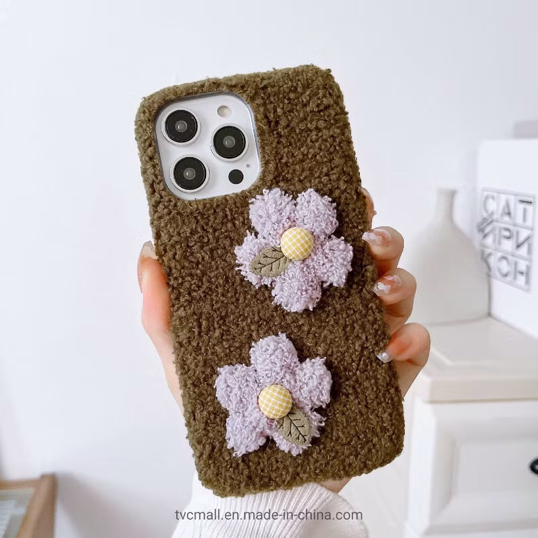 for iPhone 14 PRO Max Flower Decor Plush + TPU Soft Case Anti-Drop Protective Phone Cover - Brown