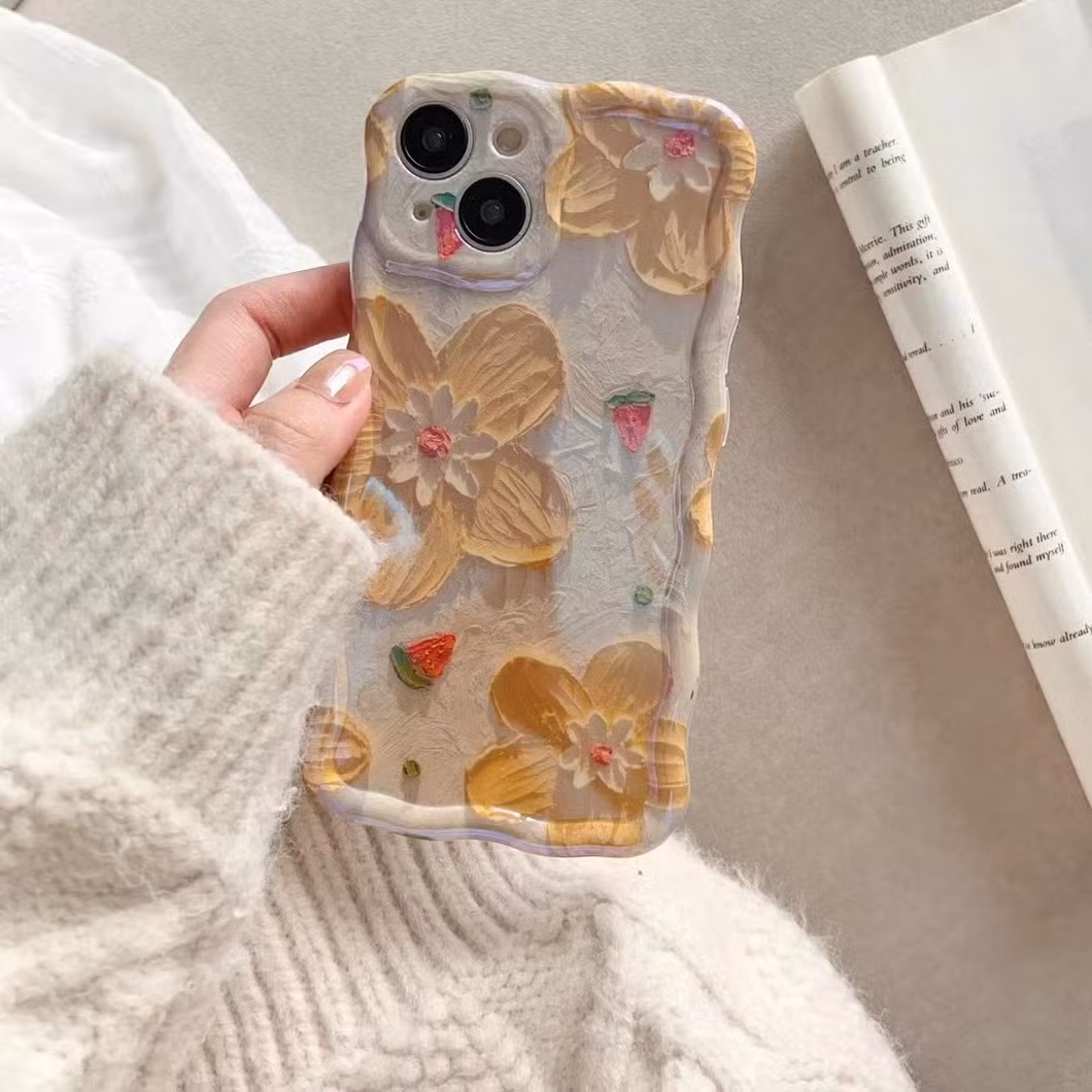 Ins Wavy Edge Oil Painting Flowers Blue Light New Female Mobile Phone Case with Chain Bracelet for iPhone 14 13 12 15 PRO Max