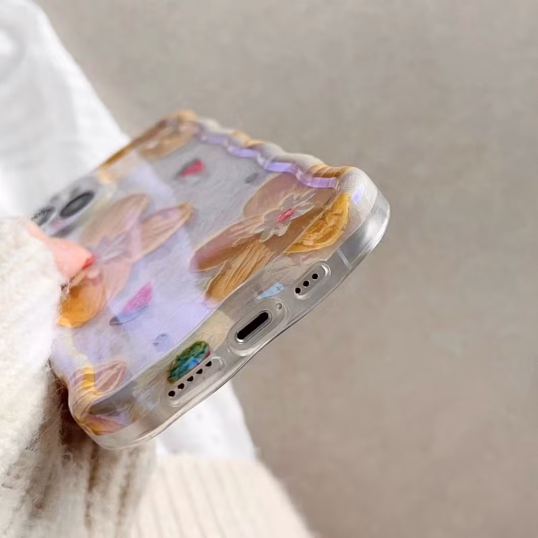 Ins Wavy Edge Oil Painting Flowers Blue Light New Female Mobile Phone Case with Chain Bracelet for iPhone 14 13 12 15 PRO Max