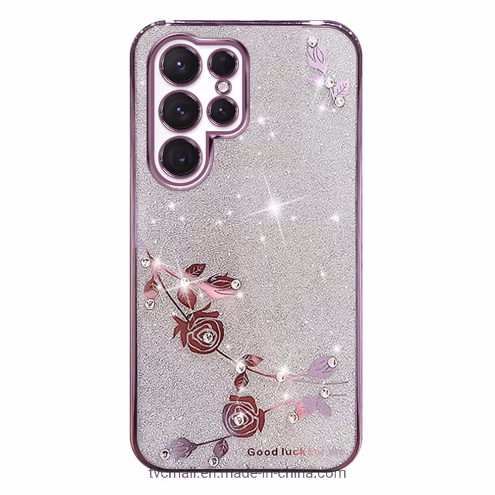for Samsung Galaxy S23 Ultra Rhinestone Design Drop-Proof Smartphone Case Anti-Scratch Flower Pattern Decor Glitter Powder TPU Phone Back Cover - Purple