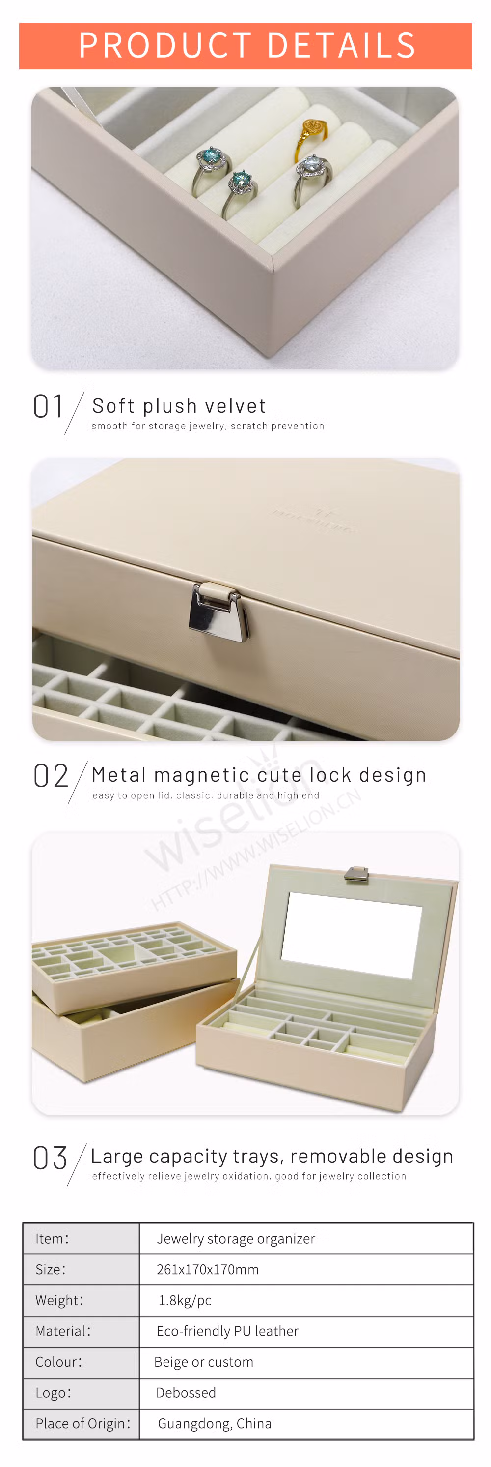 Elegant PU Leather Jewelry Boxes Mirrored Jewelry Cabinet Organizer Cases for Lady