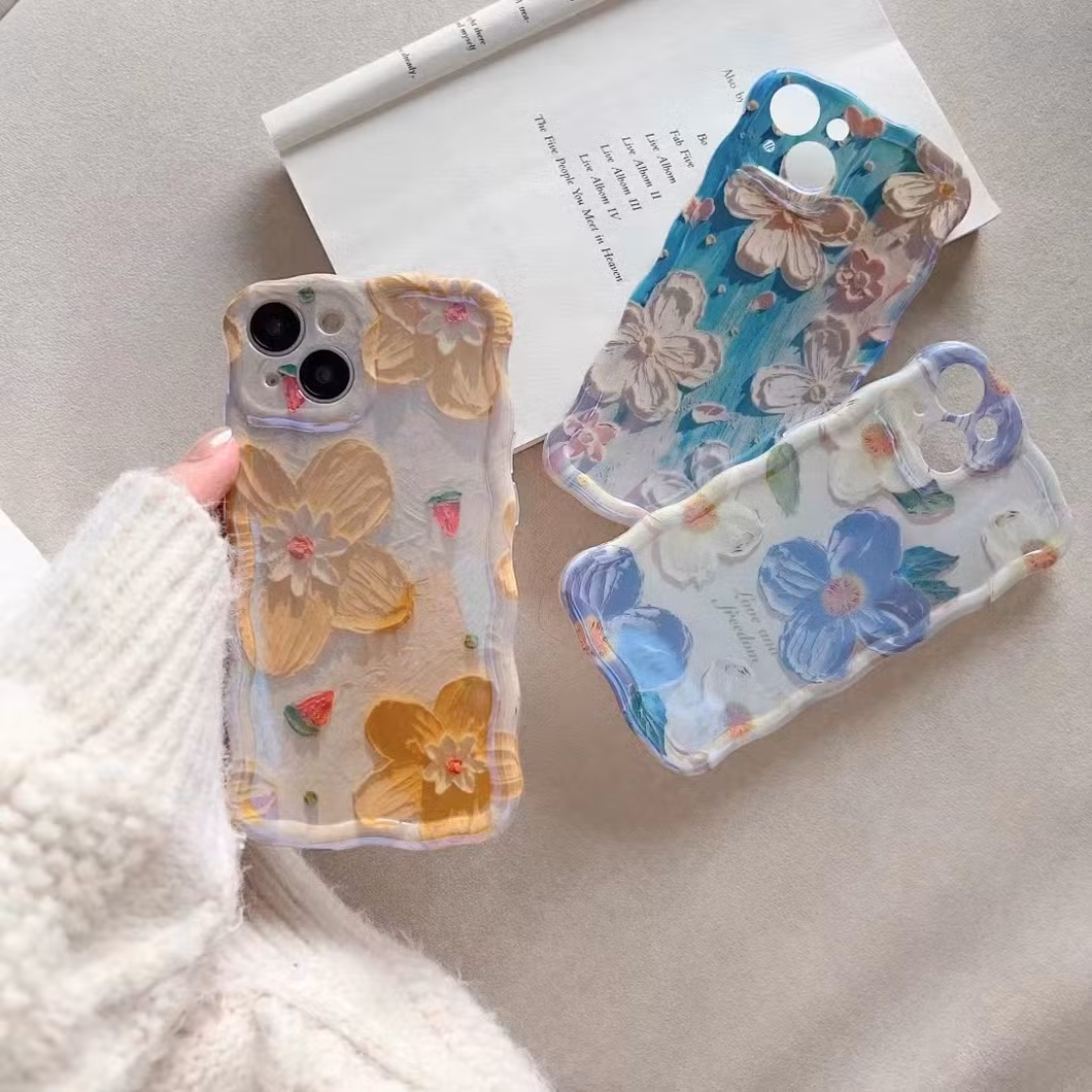 Ins Wavy Edge Oil Painting Flowers Blue Light New Female Mobile Phone Case with Chain Bracelet for iPhone 14 13 12 15 PRO Max