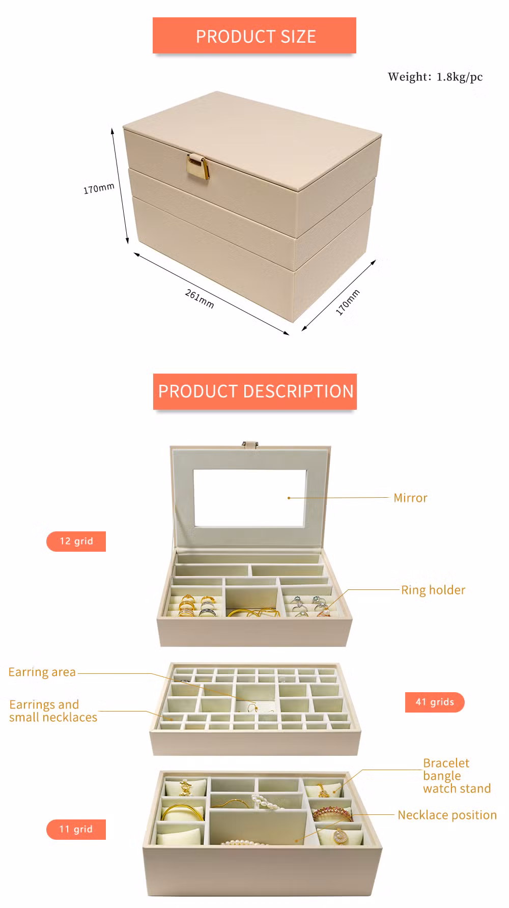 Elegant PU Leather Jewelry Boxes Mirrored Jewelry Cabinet Organizer Cases for Lady