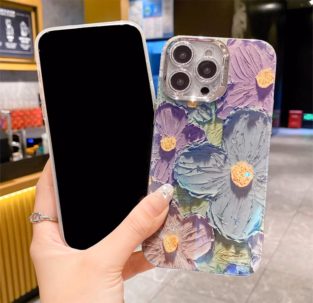 Oil Painting Purple Blue Flower Full Anti-Drop Protective Phone Case for iPhone15 14 13 12 11promax
