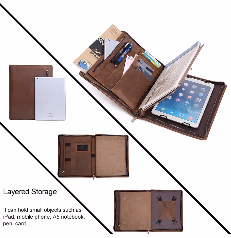 Custom Business Zipper Portfoliotablet Case Leather Padfolio Organizer Folder Case for iPad A5 Size Notepad Holder