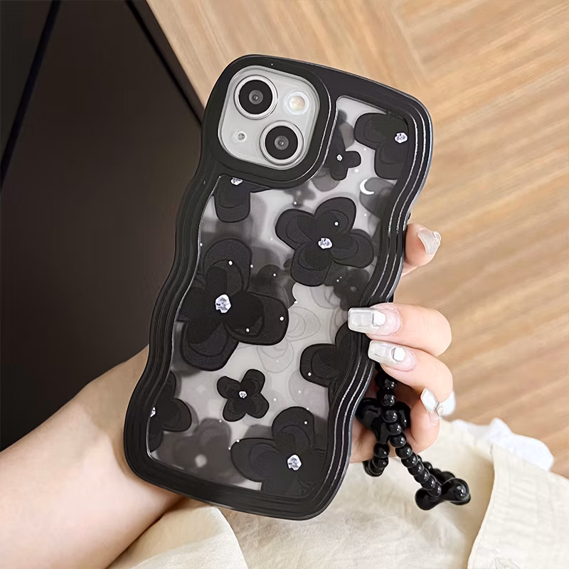 Big Wave Black Love Anti Drop Flower Phone Case for I-Phone 16