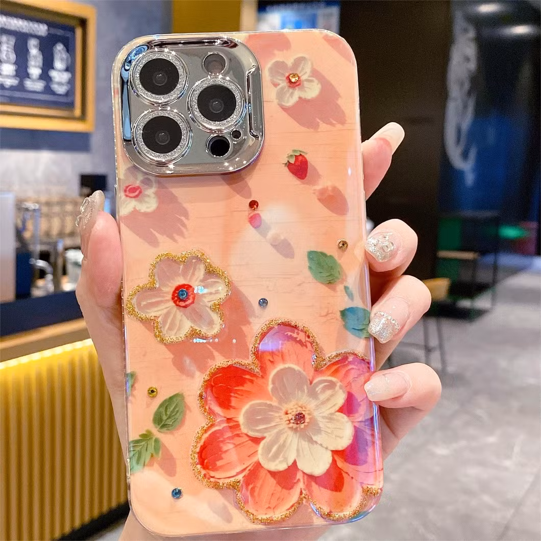 High-End Luxury Blue Rhinestone Flower Mobile Phone Case for iPhone15 14 13 12 11promax with All-Inclusive Lens