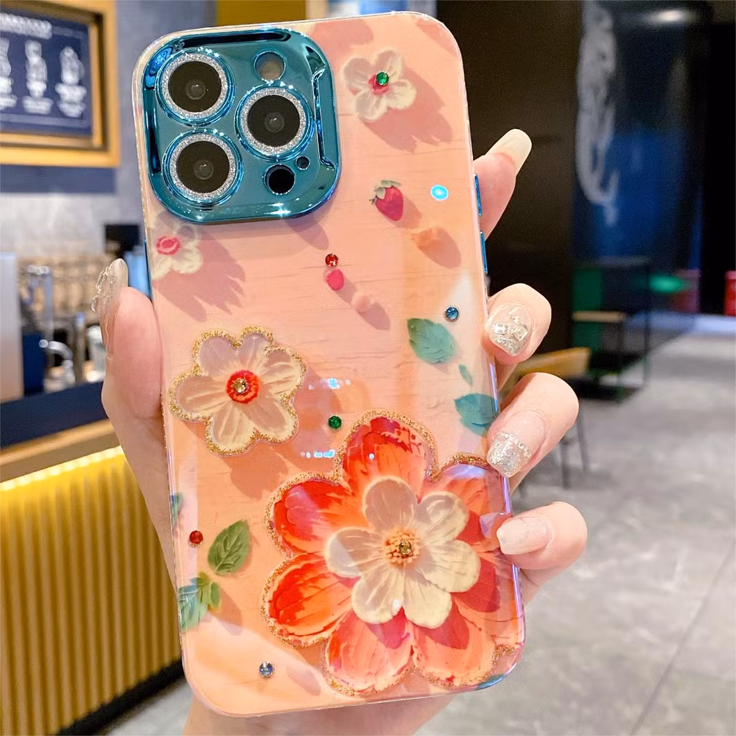 High-End Luxury Blue Rhinestone Flower Mobile Phone Case for iPhone15 14 13 12 11promax with All-Inclusive Lens
