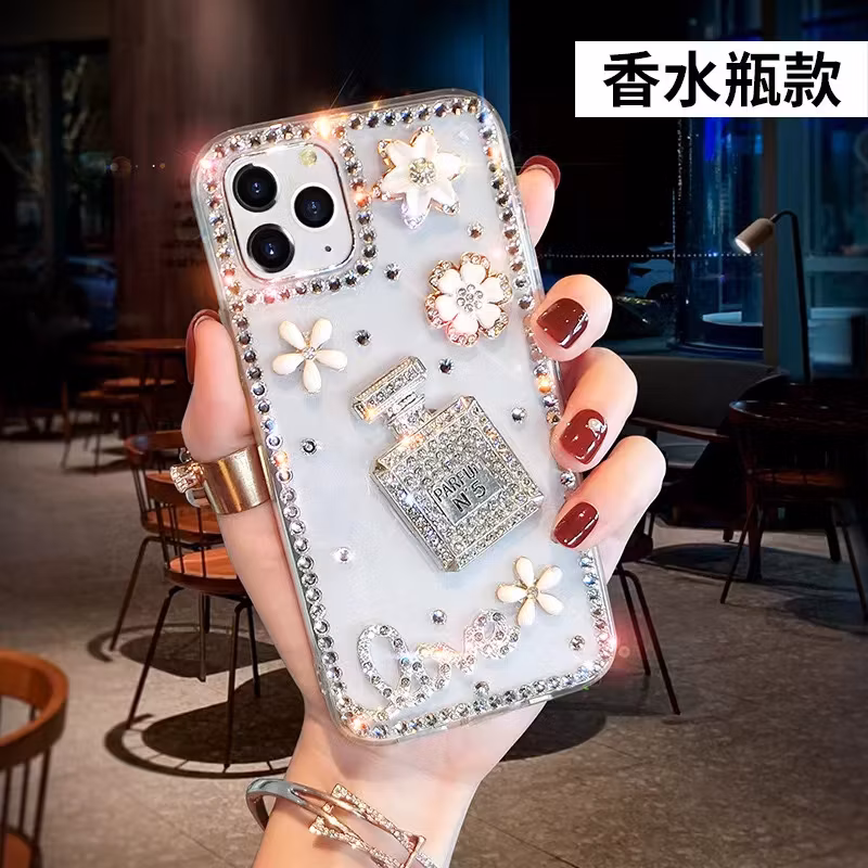 Perfume Bottle Apple 14PRO Rhinestone Flower 11 Transparent Soft Case IP 15/13 Mobile Phone Case