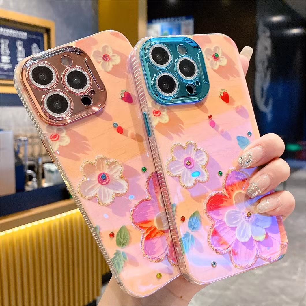 High-End Luxury Blue Rhinestone Flower Mobile Phone Case for iPhone15 14 13 12 11promax with All-Inclusive Lens