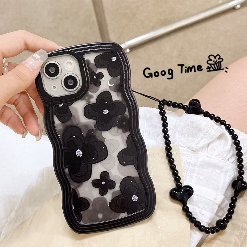 Big Wave Black Love Anti Drop Flower Phone Case for I-Phone 16